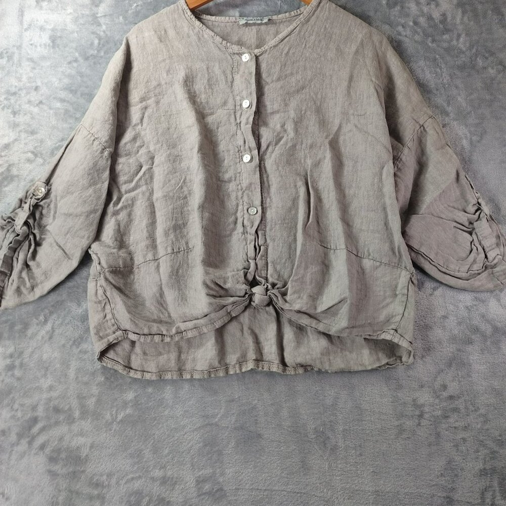 Angela Mara‎ Taupe Grey Linen Front Tie Button Down Roll Tab Sleeve Top Size L